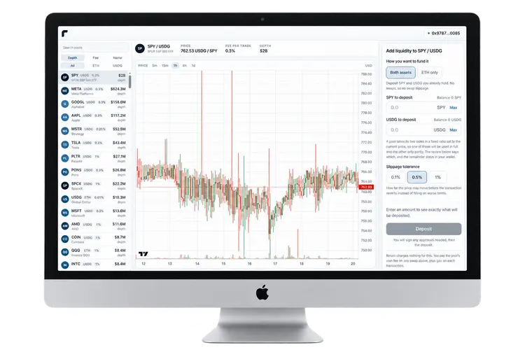 Retain's pool desk on a desktop monitor, showing the pool list, the price chart and the deposit panel side by side.